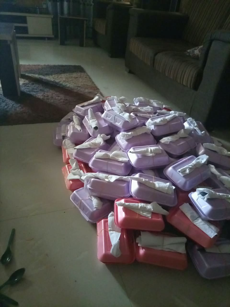 Hundreds of packed meals covering the floor of a living room before a distribution